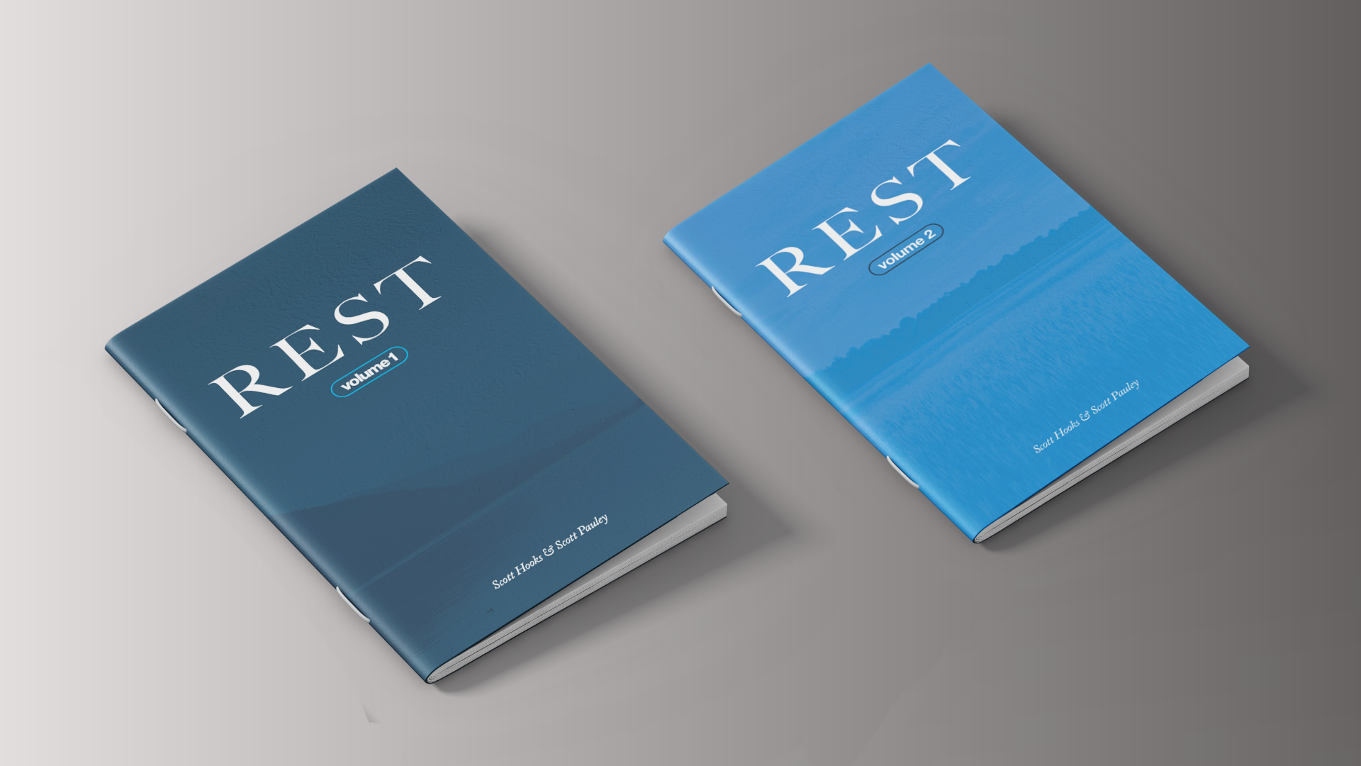 Two blue books titled 'REST' on a gray background. These are a bundle of the REST books volume 1 and 2 written by Scott Pauley and Scott Hooks. 